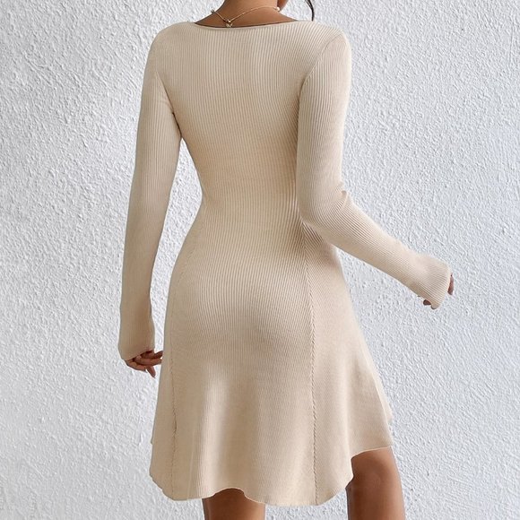 Sweetheart Neck Ribbed Knit Sweater Dress - Picture 2 of 5